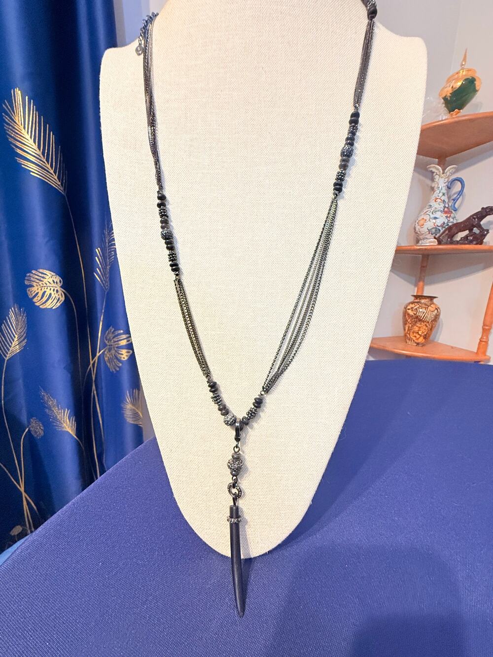 Vintage 32” Gunmetal Multi Chain Spike Pendant Necklace